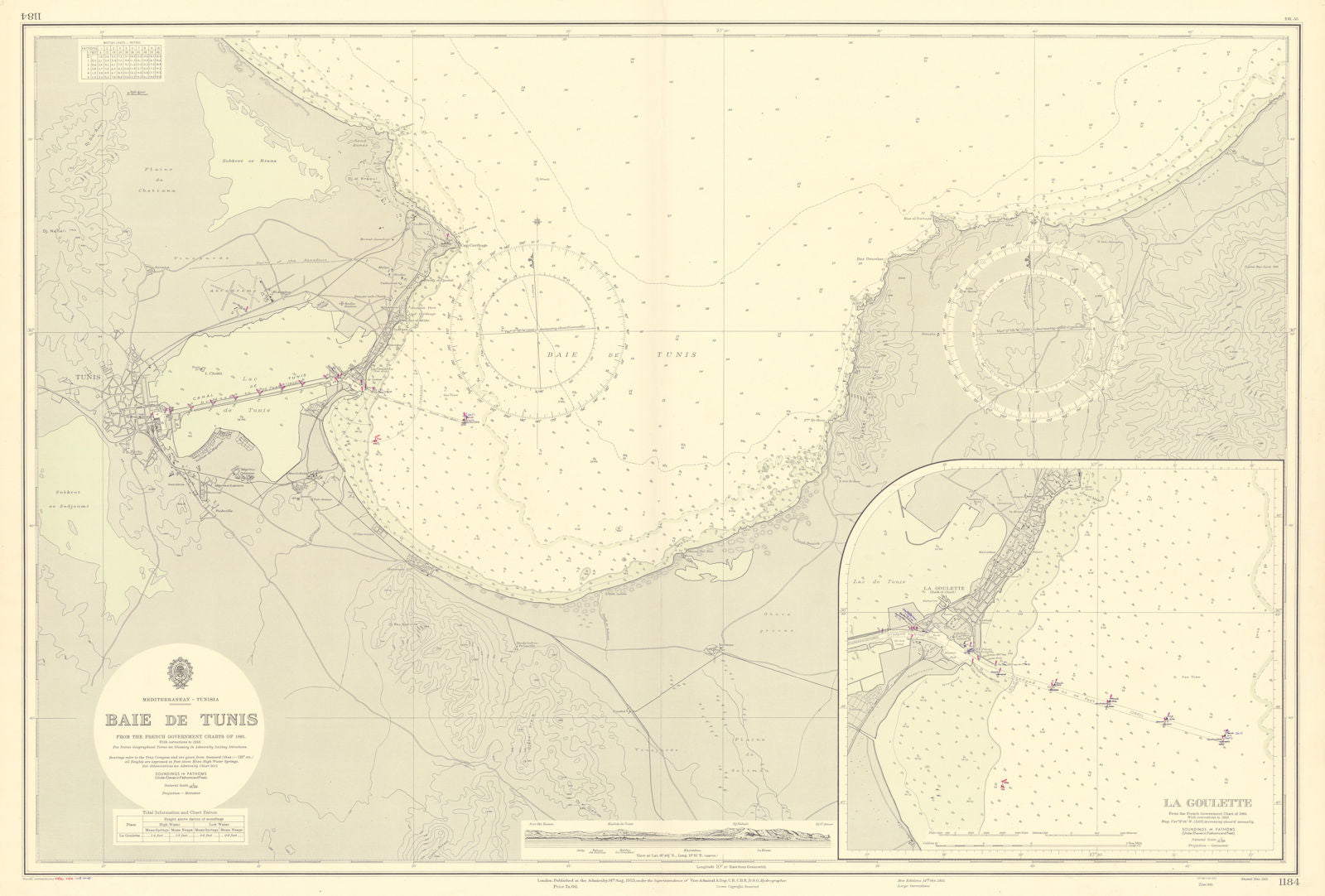 Baie de Tunis, Tunisia, Mediterranean. ADMIRALTY sea chart 1953 (1956) old map
